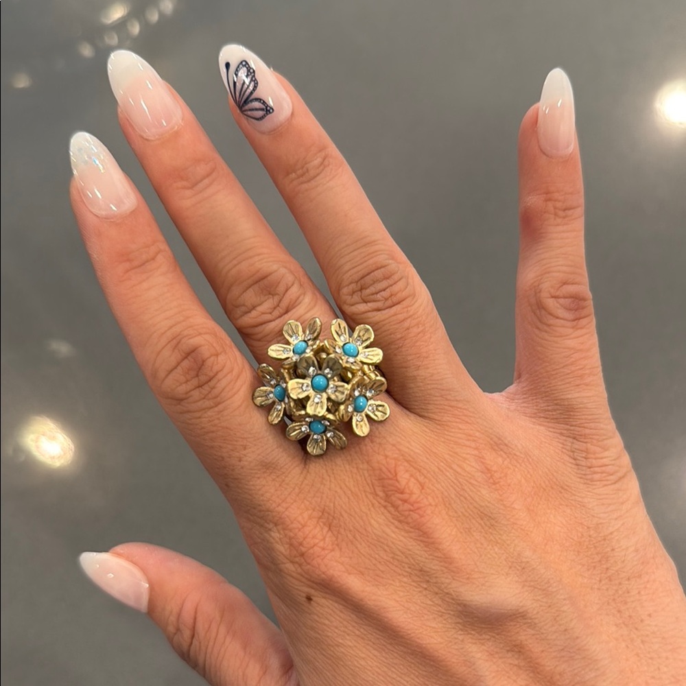 Gold and Blue Floral Statement Ring